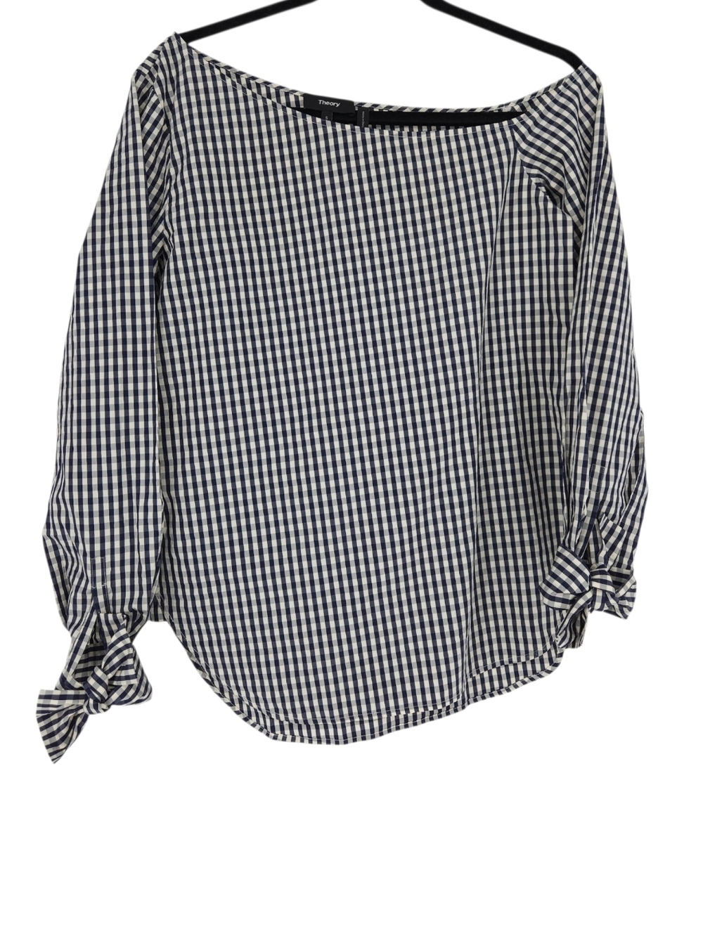 Theory Blouse Navy Blue Gingham One Shoulder Tie Cuff Long Sleeve Shirt Small